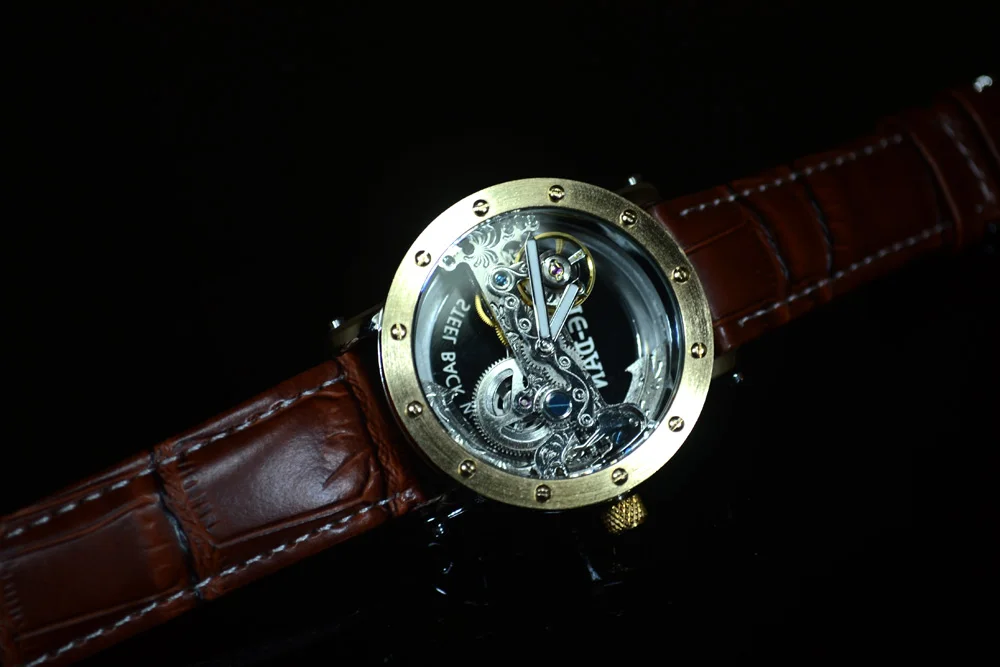 Роскошный бренд TIEDAN прозрачные мужские механические часы золотые Турбийон Скелет автоматические часы мужские s наручные часы кожаные часы