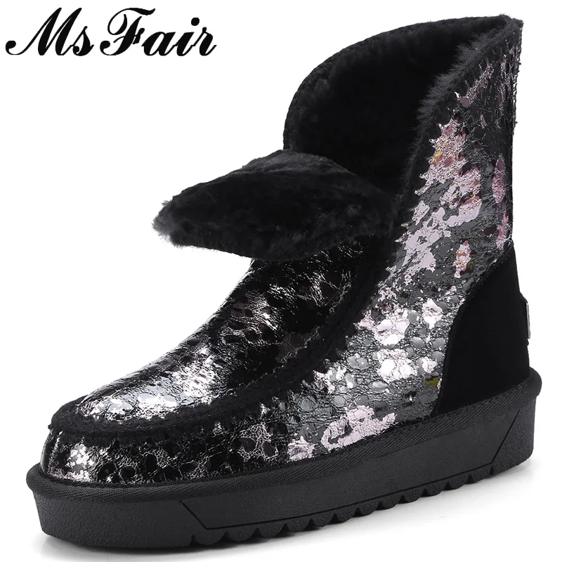 

MSFAIR Women Snow Boots Mixed Colors Print Round Toe Flat Ankle Boots Winter Platform Wool Keep Warm Cotton Snow Boots For Girl