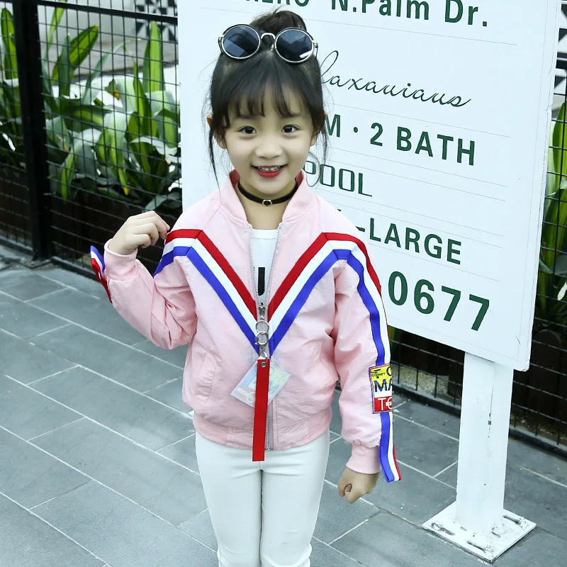 

2018 New Girls Jackets Baseball Uniforms Kids Girls Color Stripe Jackets 2018 Spring Kids Jackets Letter Jackets 4-14 Ages