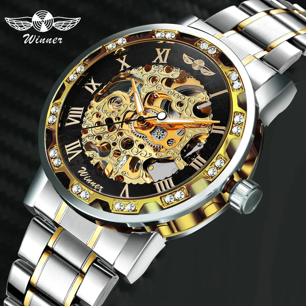 WINNER полые механические мужские часы от ведущего бренда роскошные модные панковские Стальные наручные часы с кристаллами для мужчин горячие часы