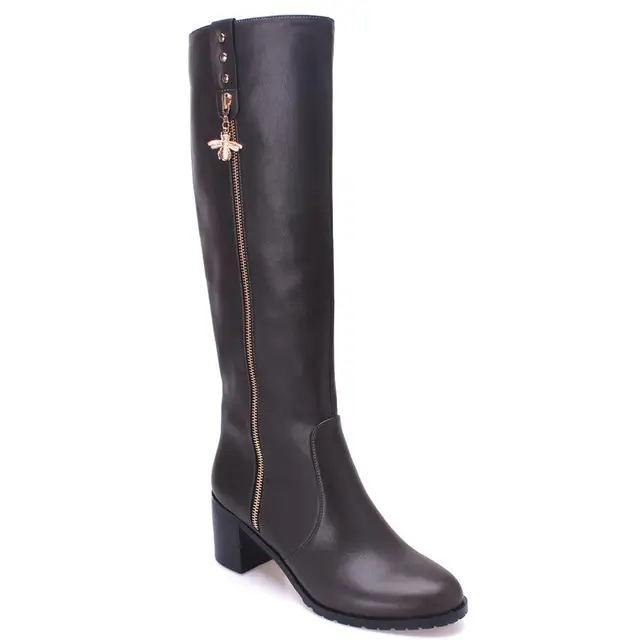PU Short Plush Knee High Work Boots Women High Heel Gold Rivet Winter Design Side Zipper Thick