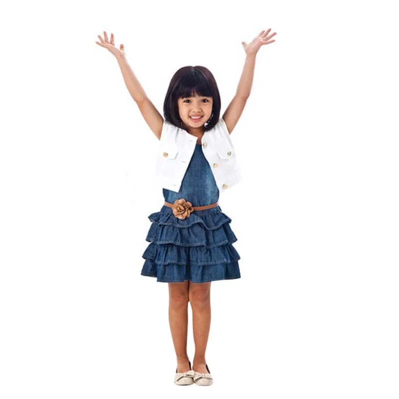 2 шт./компл. новые Летнее платье для маленьких девочек, комплект: рубашка многослойные юбки; костюмы для девочек жилет; джинсы комплекты детской одежды 2-7 лет