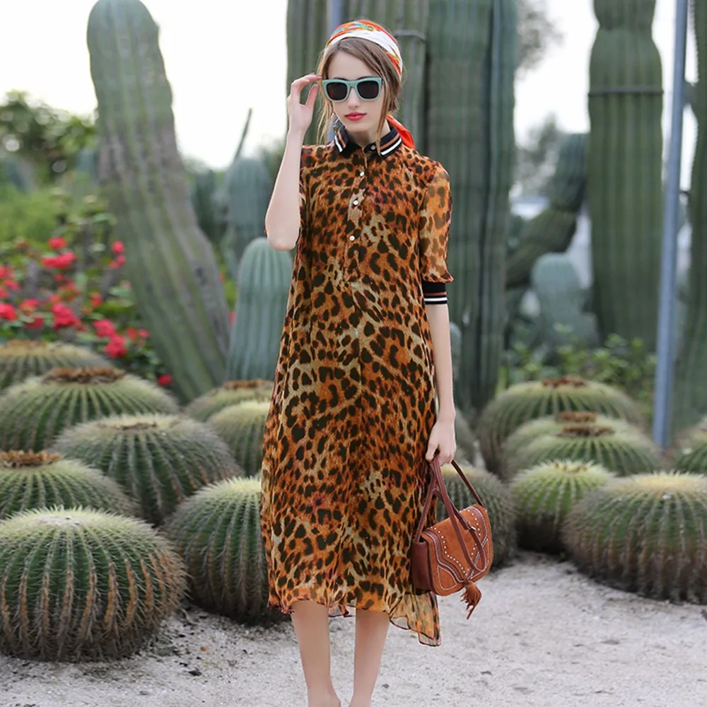 Women's Leopard Print Long Dress Women's Retro Leopard Silk Dress-in