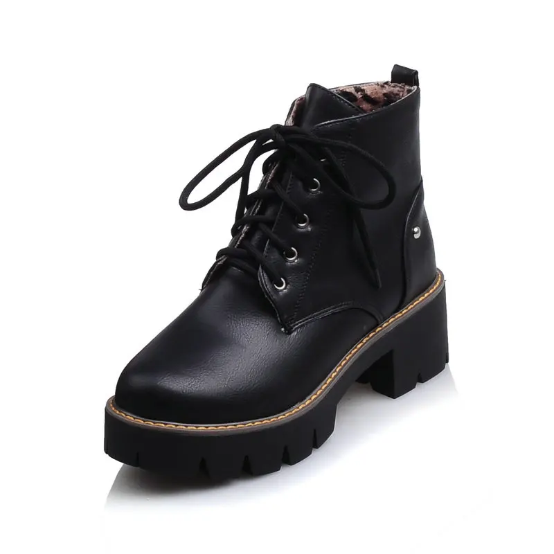 QUTAA/Серые Зимние ботильоны на шнуровке из искусственной кожи на высоком квадратном каблуке с круглым носком женские мотоциклетные ботинки размеры 34-43 - Цвет: Черный