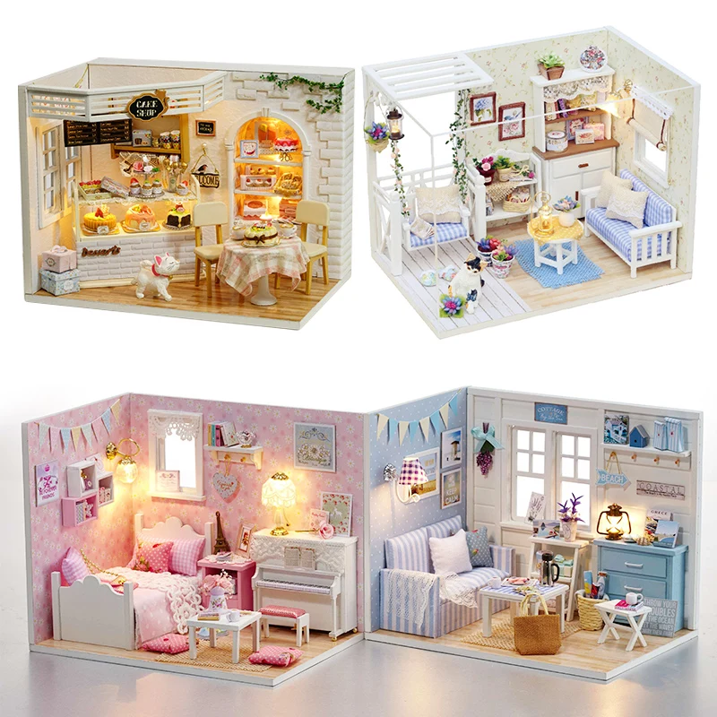 Creative DIY Doll House Furniture Miniature Dust Cover With Led 3D Wooden Gift Puzzle Toys For