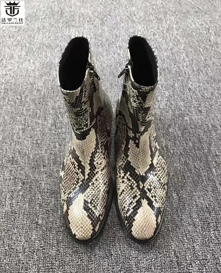 Men Chelsea Boots Snake Lines Men Designer Ankle Boots Genuine Leather Winter Boots Zip Size 47-50