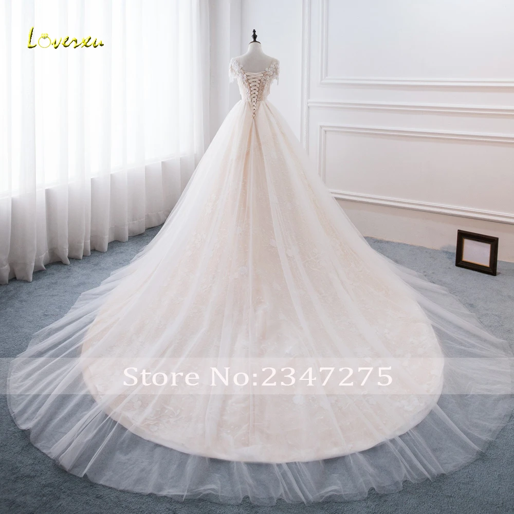 Loverxu Vestido De Noiva кружевное бальное платье с кисточками, свадебное платье, роскошное с коротким рукавом аппликации из бисера, часовня, свадебное платье с длинным подолом