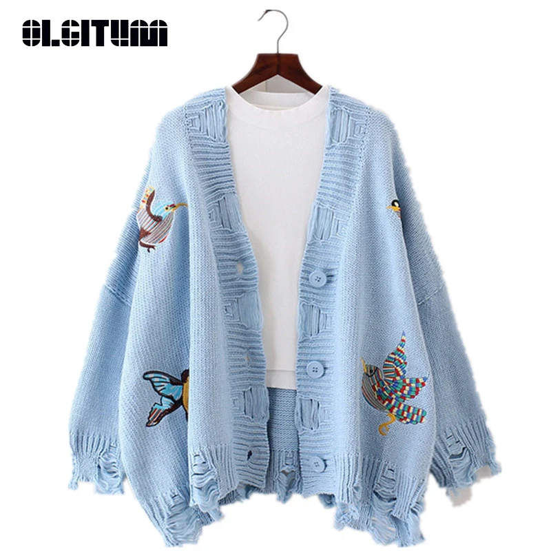 

OLGITUM High Quality Cardigan Holes Women Casual Embroidery Knitted Blouse Long-sleeve Tops Women Long Sweaters Cardigans SW506
