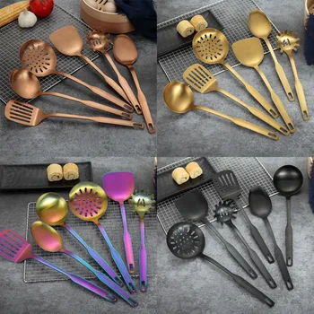 

Originality Stainless Steel Kitchenware Cooking Tool Set 6pcs Set Gold Scoop Soup Ladle Skimmer Colander Kitchen Accessories