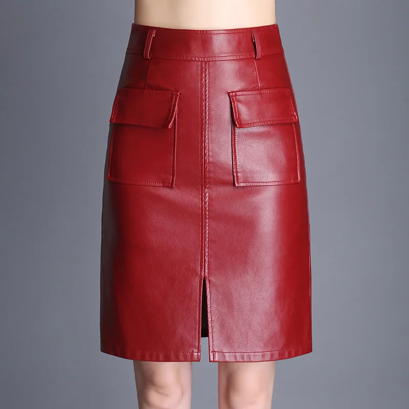 Yuxinfeng 4XL Женская юбка из искусственной кожи с карманами и высокой талией, юбка из искусственной кожи размера плюс, юбка-карандаш с молнией спереди, однотонные тонкие юбки для женщин - Цвет: Red