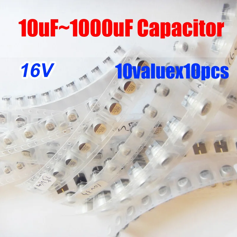 Eletrolítico de Alumínio Kit para Computador 10valuesx10pcs v 10 Uf1000 uf Capacitor Variedade Pack Motherboard = 100 Pcs Smd 16