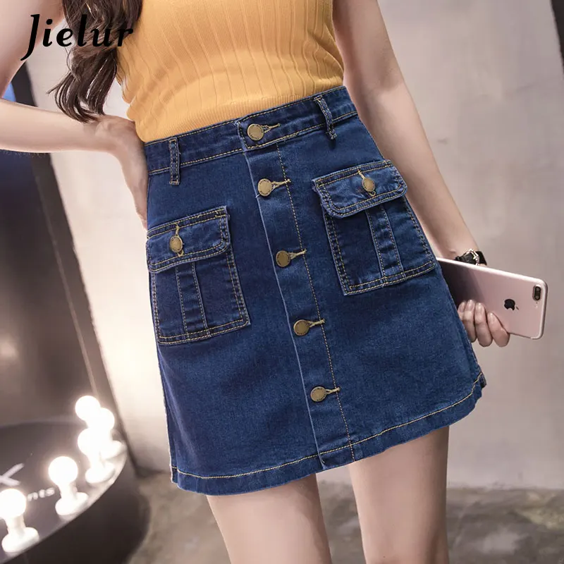 Jielur летняя юбка корейские женские джинсовые юбки на пуговицах с карманами юбка джинс Harajuku Mini Saia джинсы Feminina S-5XL Плюс размер Faldas Mujer Moda Прямая поставка - Цвет: Синий
