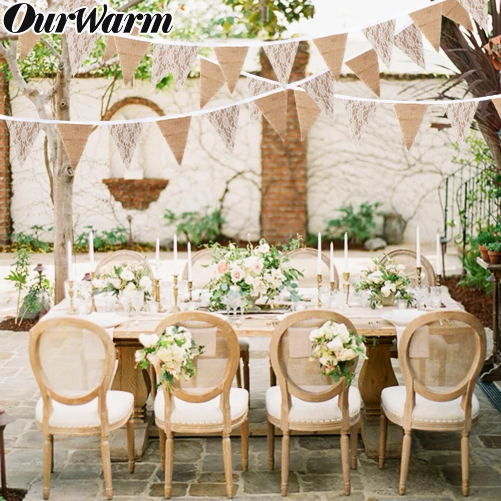 OurWarm 3m Vintage Jute Hessian wedding decoration banner background Natural Burlap Ribbon 13 Flags For Party Supplies