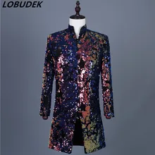 Плюс размер мужской цветной флиппинг блёстки длинный костюм куртки сценический наряд для ночного клуба или бара DJ Singer Presenter тонкий пальто фрак