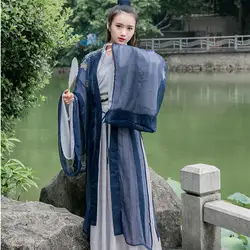 2018 новый китайский традиционный Женский Костюм Восточный шифон Синий сказочная одежда большой с длинным рукавом платье с короной вышитые