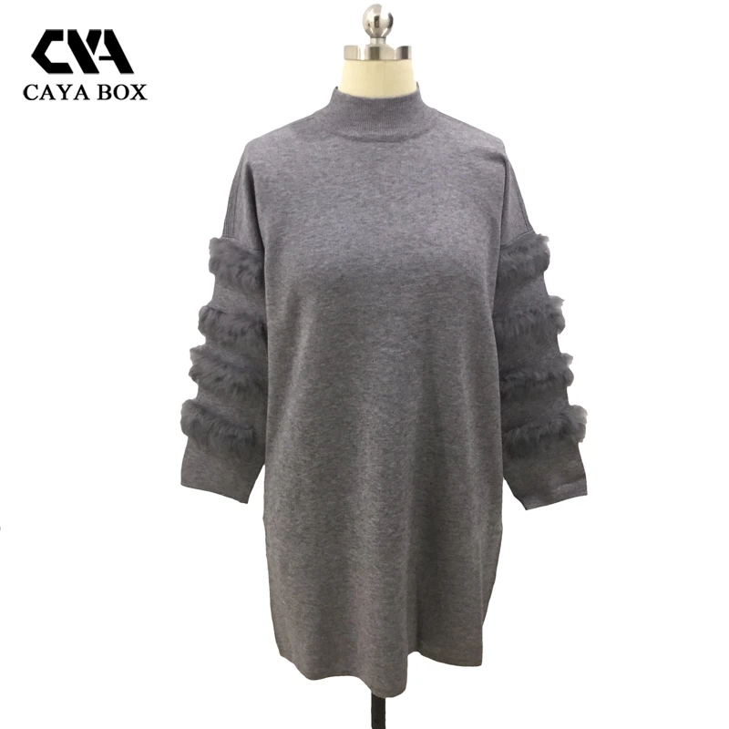 CAYA BOX Rabbit real Fur Sweater Dress Autumn Long Sleeve splice Jumpers Women Long Sweaters Knitted