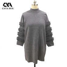 CAYA BOX Rabbit real Fur Sweater Dress Autumn Long Sleeve splice Jumpers Women Long Sweaters Knitted