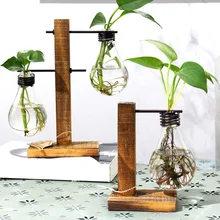 Vintage Style Glass Tabletop Plant Bonsai Flower Wedding Decorative Vase With Wooden L/T Shape Tray Home Decoration Accessories