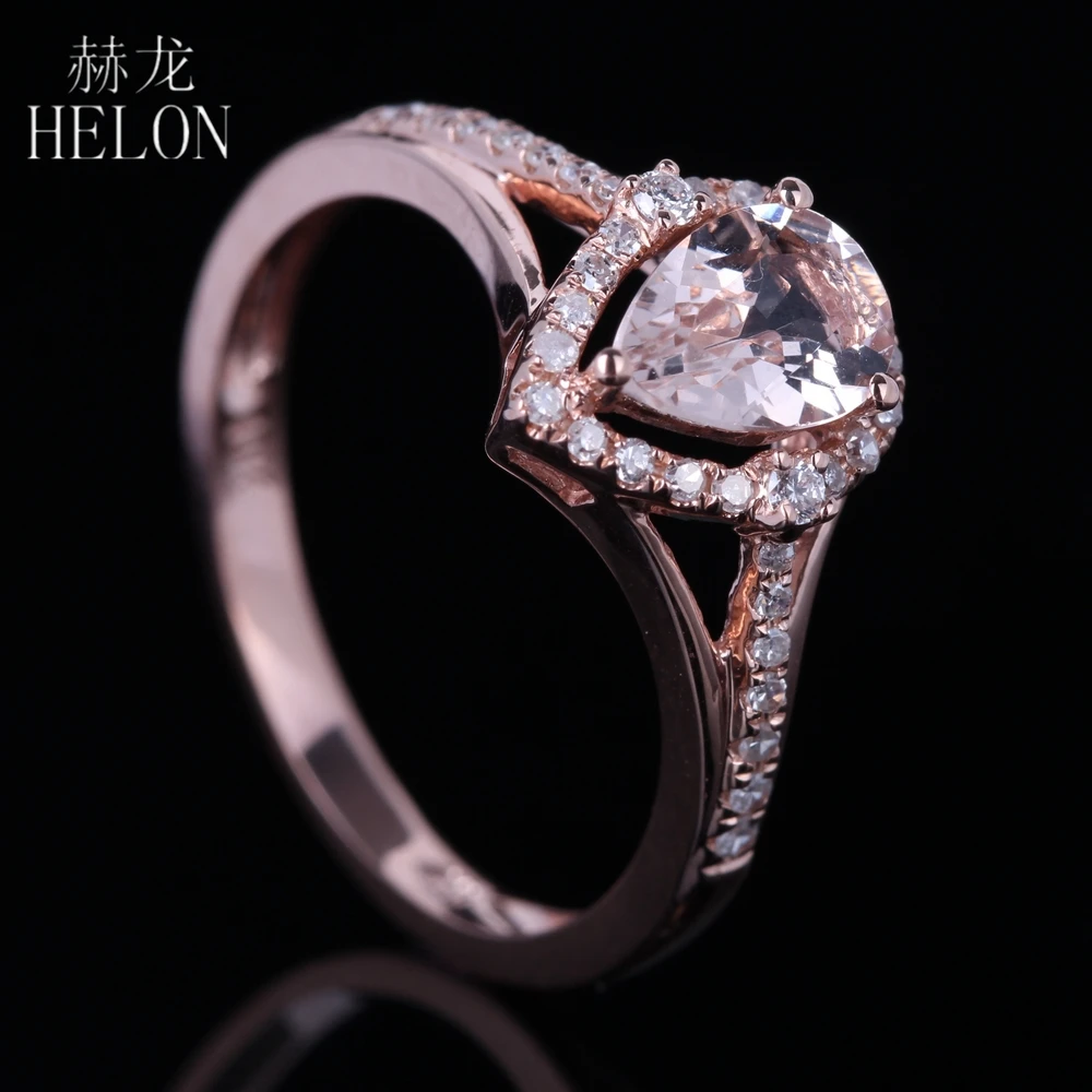 

HELON 5X7mm Pear 0.6ct Morganite Real Natural Diamonds Engagement Wedding Ring Solid 10K Rose Gold Women's Elegant Jewelry Ring