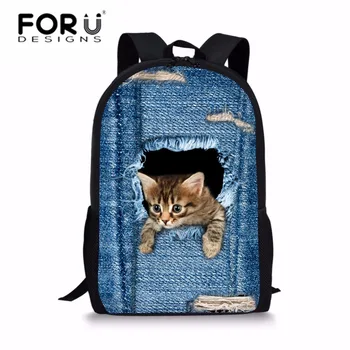 

FORUDESIGNS Cute Girls Denim Cat Printing School Bags for Kids Shoulder Backpack Children Students Preppy Style Schoolbag Bolsas