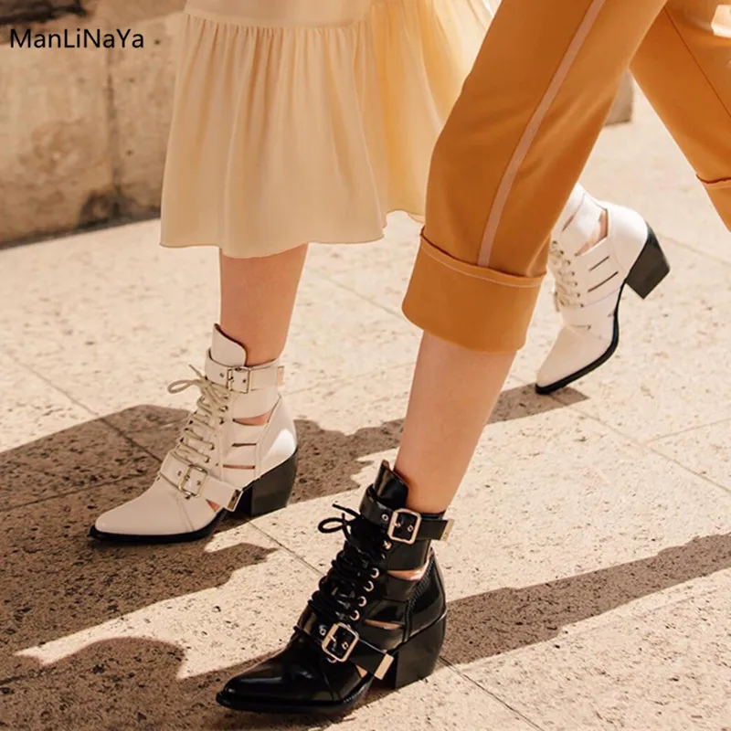 

Genuine Leather Cross-tied Women Ankle Boots Luxury Design Buckle Belt Femal Shoes Spring Hollow Runway Pointed Toe Women Boots