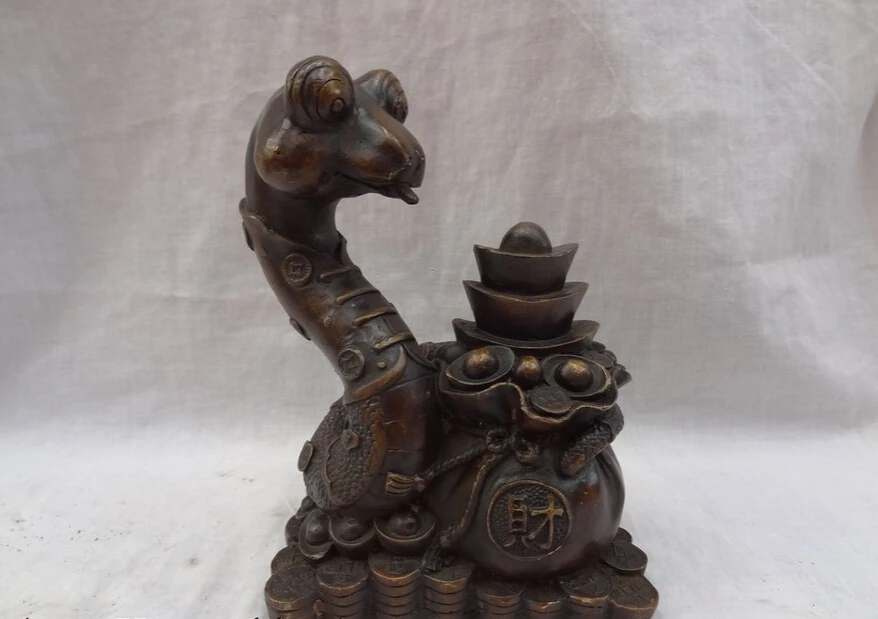 

song voge gem S4579 8" Chinese Bronze Year Zodiac Wealth Snake Rich YuanBao Coin Cai Bag Statue