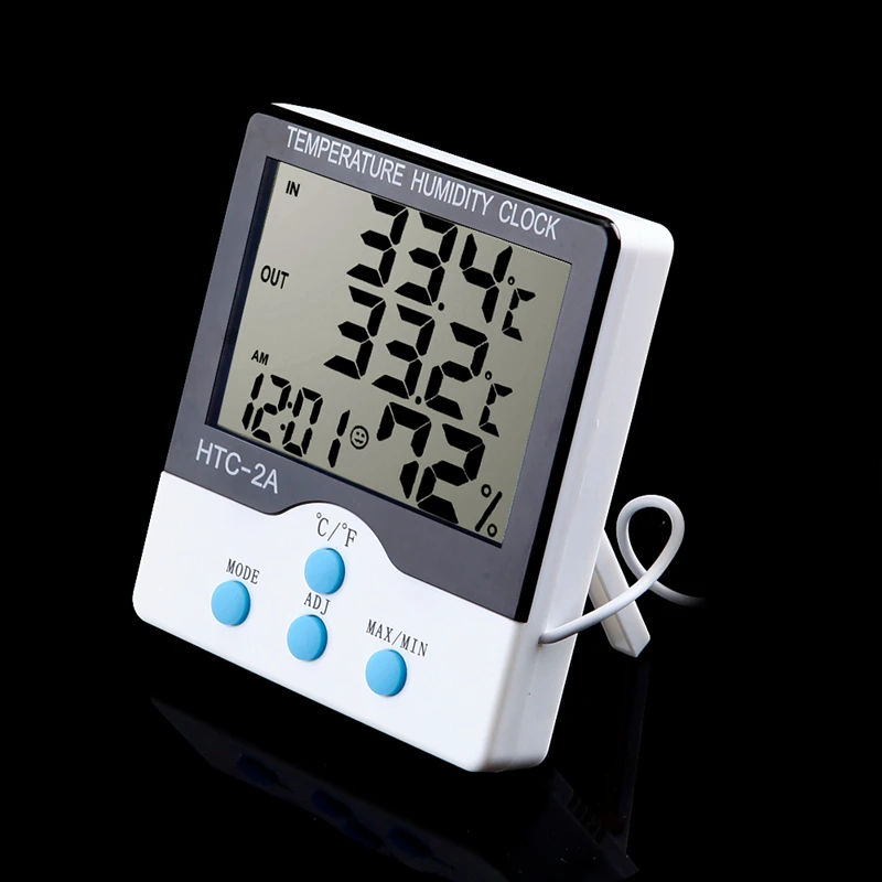 Цифровой термометр-гигрометр с большим ЖК-дисплеем для помещений и улицы, измеритель температуры и влажности с часами, HTC-2A C/F переключатель, кабель 1,5 м