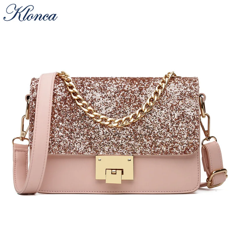 

Klonca PU Leather Female Small Shoulder Bag Freeshipping 2019 New Design Chains Sequins Hasp Crossbody Bag High Quality