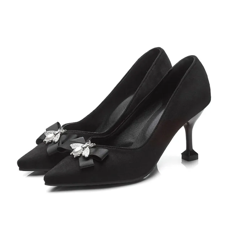 BeckyWalk/желтые/черные женские туфли на шпильке; сезон весна; женские туфли-лодочки с острым носком; модельные туфли на высоком каблуке с бантом в виде пчелы; женская обувь; WSH2630 - Цвет: Черный