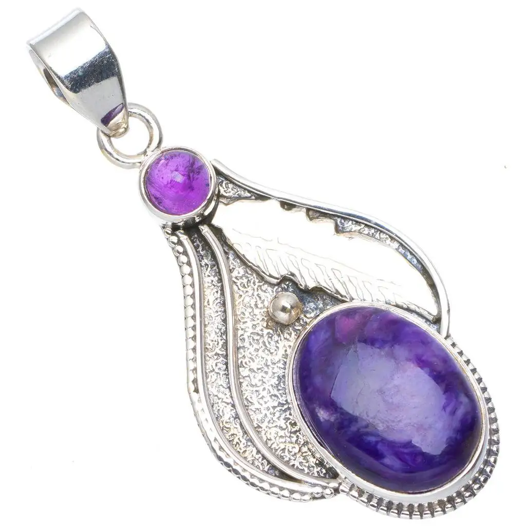 

Natural Charoite and Amethyst Handmade Unique 925 Sterling Silver Pendant 2" A0165