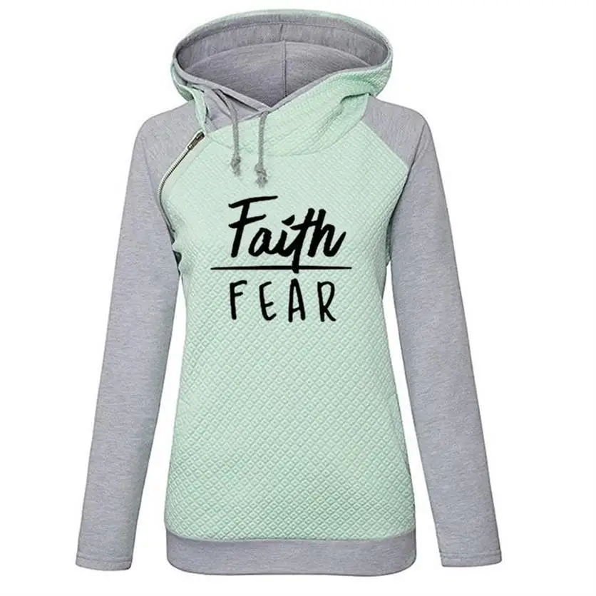 Zipper Decoration Hoodies For Women Faith FEAR Letters Print Hoodies Sweatshirts Kawaii Femmes Printing Pockets Pattern Frauen
