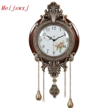 

Meijswxj Large Wall Clock Saat Reloj Relogio de parede European Style Clock Duvar Saati Horloge Murale Wood Mute Pendulum Clocks
