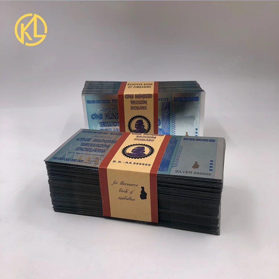 

200pcs/lot Colorful 100 Trillion Dollars silver color Zimbabwe Banknote Fake Banknotes Paper Money Collecting Replica Fake Money