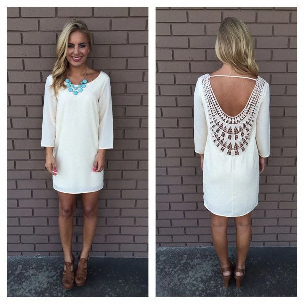 White Casual Women Lace Dress Three Quarter Sleeve Back Crochet White Casual Women Lace Dress Three Quarter Sleeve Back Crochet Elegant Loose Fit Short Summer Dresses In From S Clothing Accessories On
