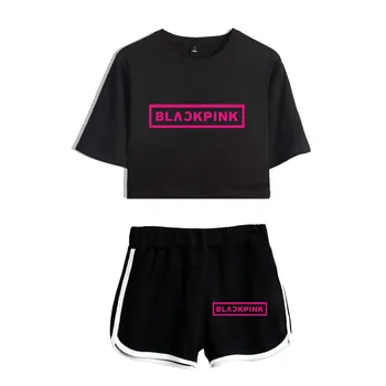

2020 New BLACKPINK Two Piece Set Summer Sexy Black Pink Harajuku T shirt Woman Suit Shorts streetwear Fashion loose Tops+Short