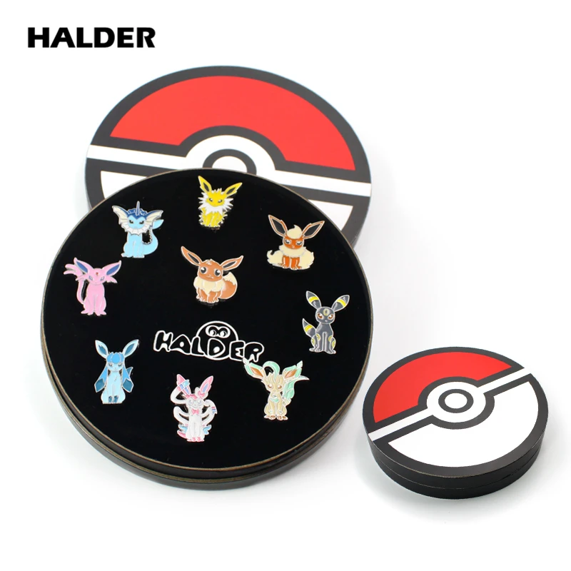 

HALDER Anime Pocket Monsters Pokemon Eevee Family Cartoon Box Cosplay Enamel Brooches Lapel backpack bags Badge Pins Gift 9pcs