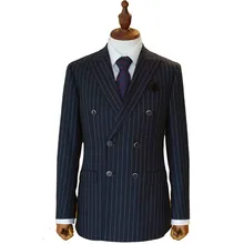 Шерстяной зимний весенний новейший мужской костюм на заказ Королевский Темно-синий мужской костюм в полоску, классический двубортный полосатый мужской костюм с отворотом