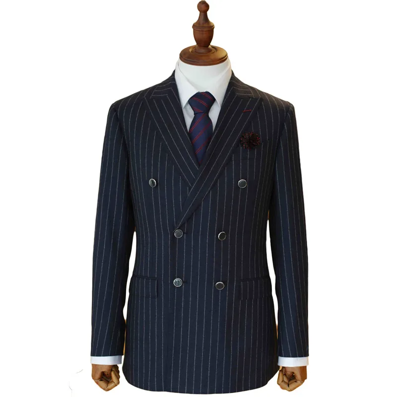 

Wool Winter Spring Newest Men Suit Custom Made Royal Navy Mens Striped Suit,Tailored Double Breasted Striped Men Suit Peak Lapel