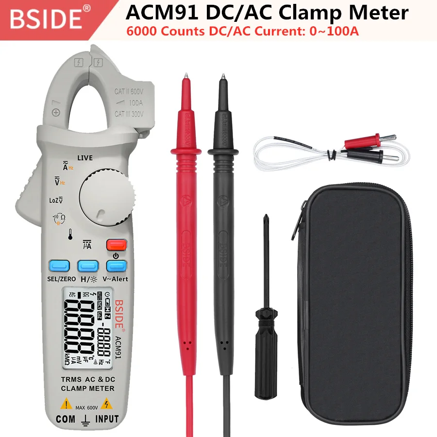 BSIDE цифровой AC/DC токоизмерительный клещи True RMS для ремонта автомобиля авто-Диапазон мультиметр Live Check NCV Temp частота конденсатора Тестер - Цвет: ACM91-Grey