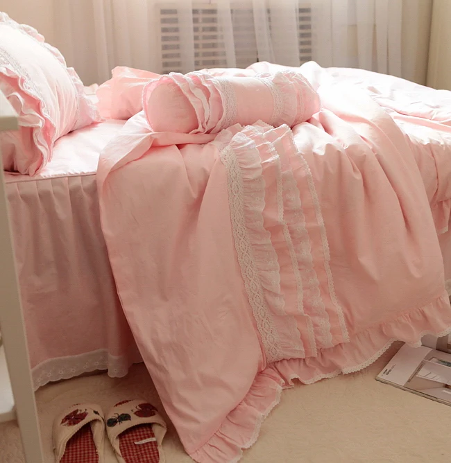 

Pink ruffle lace cotton bed sets,princess fairyfair elegant twin full king queen wed bedclothes coverlets pillow duvet cover