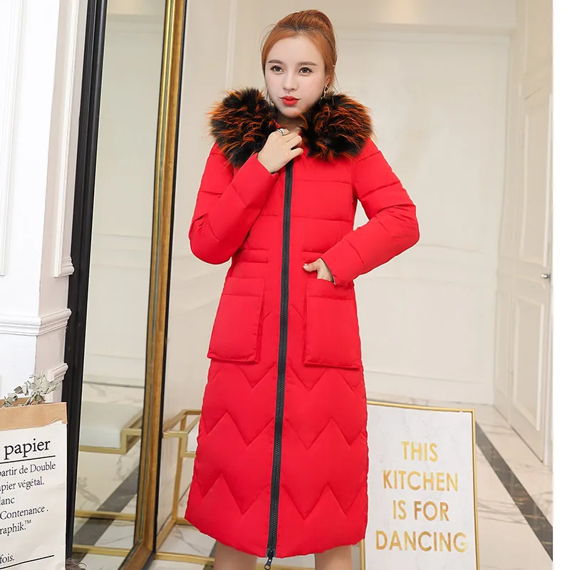 Women long parkas coat-25degrees both side wear Thicken warm big fur collar jacket coats Casual female winter outwear parkas - Цвет: Красный