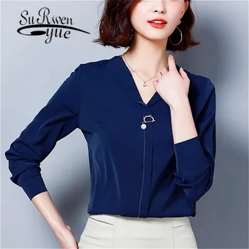 

blusas mujer de moda 2019 womens tops and blouses Beading Solid V-Neck women long sleeve shirts chiffon blouse plus size 2207 50