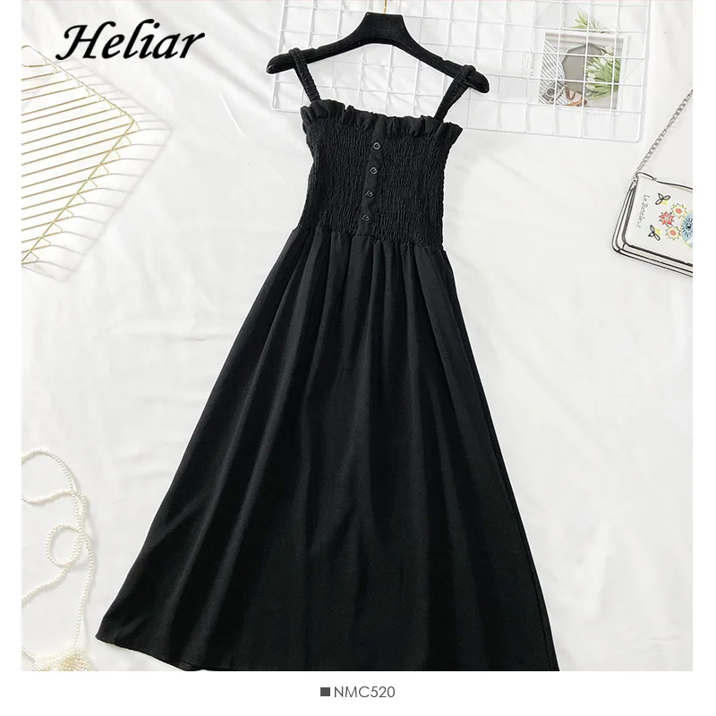 

HELIAR Spaghtti Maxi Dress Elegant Evening Party A-Line Button Dress 2019 Summer Women Skinny Pleated Femme Long Dress