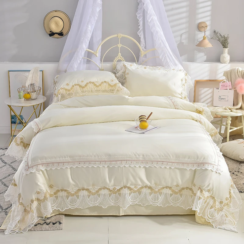 Waliicorners Super soft washed silk Bedding Set Duvet Cover Sheet/fitted sheet Pillowcase King Queen Size lace Bed Linen 19 DSC_1113