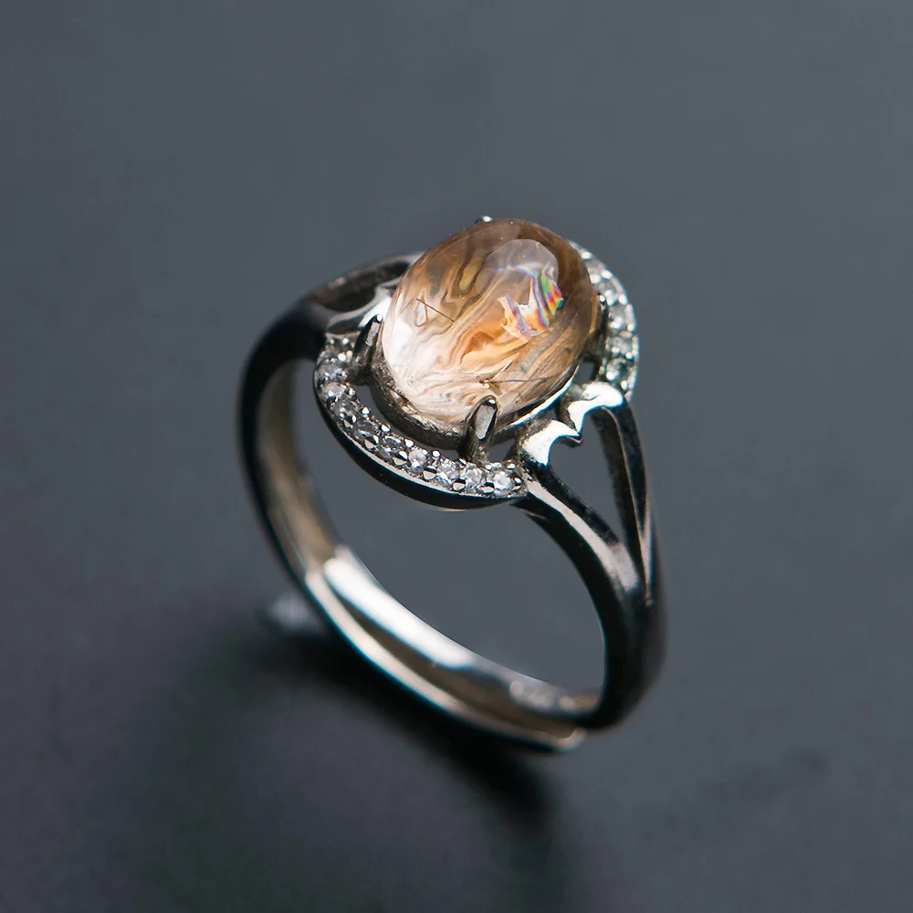

Genuine Natural Gold Rutilated Quartz 9x7mm Bead Round Ring Adjustable Size Silver Fine Jewelry Man Rings AAAAAA