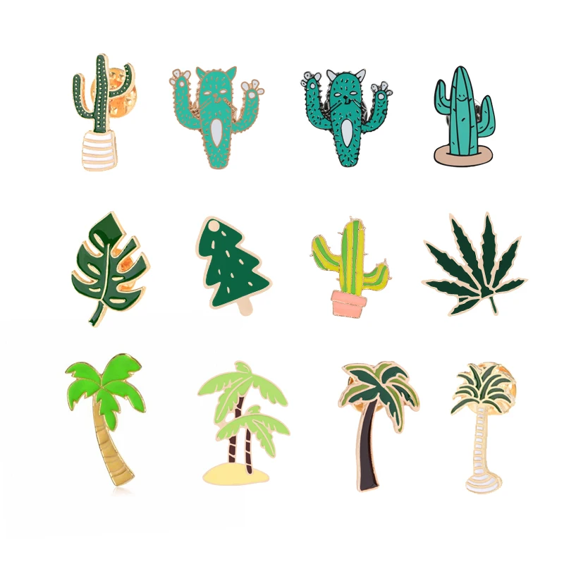 

12 Style Cartoon Jackets Sweater Bag Pins Green Plant Tree Cactus Leaf Brooch Pin Metal Badge Couple Accessories Gift Wholesale
