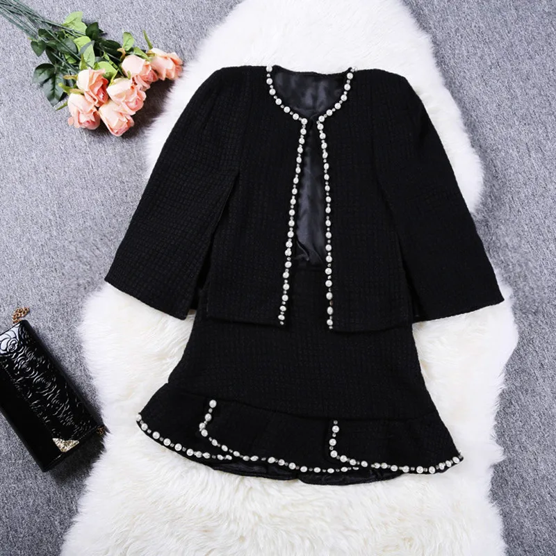 Весна, высококачественный кардиган для подиума в стиле Парижа, накидка и короткая юбка с оборками, женский зимний черный набор для бисероплетения