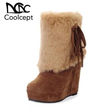 Coolcept Women High Wedges Boots Bowtie Plush Fur Platform Winter Mid Calf Boots Warm Fashion Sexy Women's Shoes Size 33-39 цена Coolcept Women High Wedges Boots Bowtie Plush Fur Platform Winter Mid Calf Boots Warm Fashion Sexy Women's Shoes Size 33-39 цены онлайн