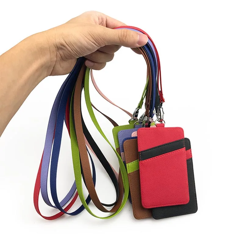 

7 Colors Pu Leather Name Holders Case Business Bus Badge Card Holder ID Card Holder with Neck Strap