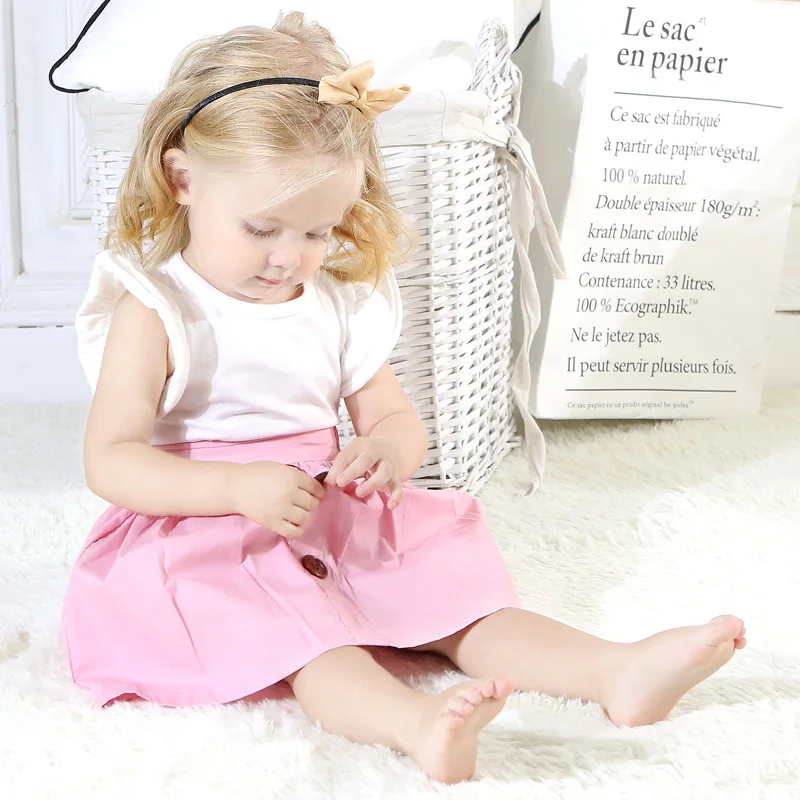 

1-4 years baby girl clothes set solid white tops with pleated skirt